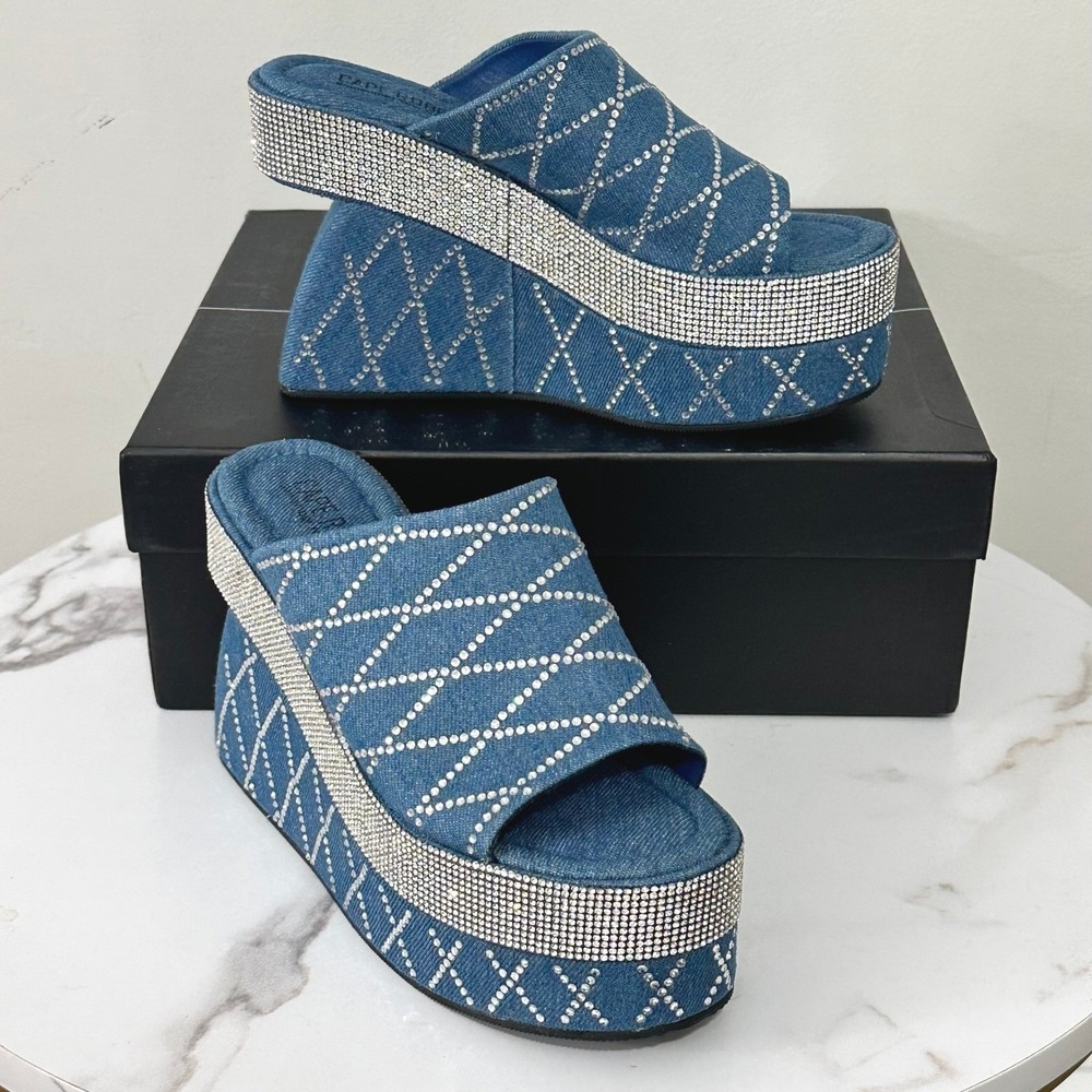 Cape Robbin Odona Rhinestone Denim Platform Wedge Slides Size 7 Y2K Bling Heels